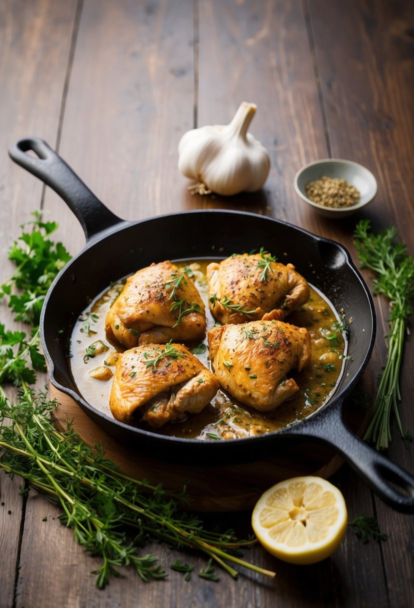 A sizzling skillet of garlic chicken surrounded by fresh herbs and spices