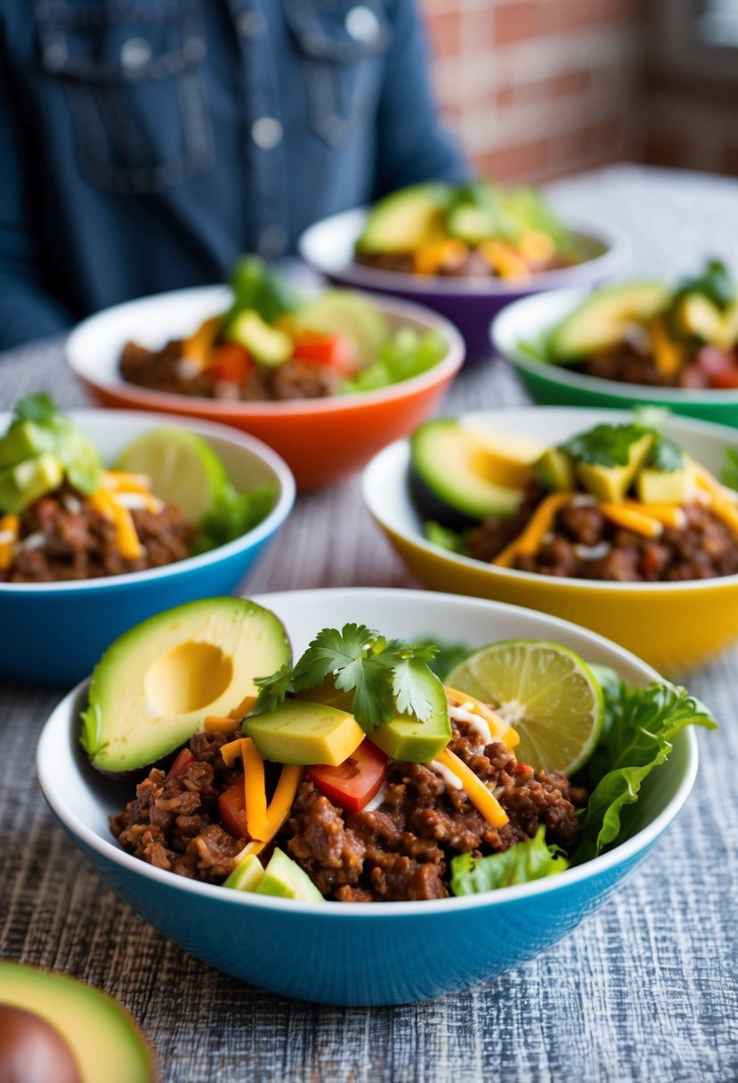 A table set with colorful keto taco bowls filled with seasoned ground beef, lettuce, tomatoes, cheese, and avocado