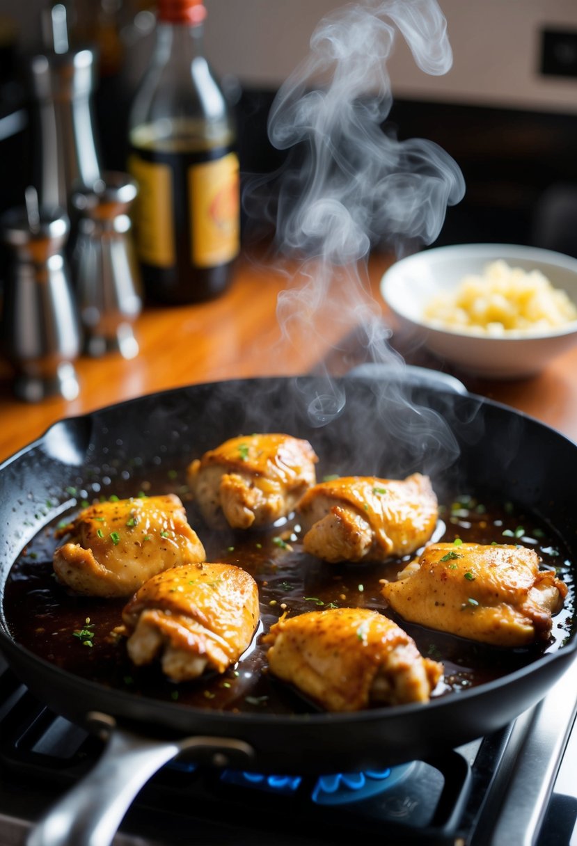 A sizzling skillet of garlic chicken bathed in rich, dark soy sauce. Steam rises, carrying the savory aroma through the kitchen