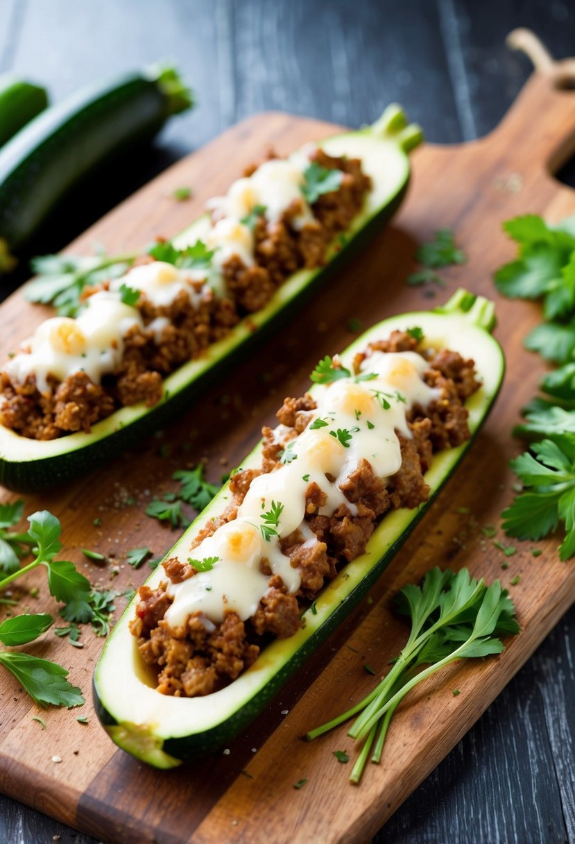 Zucchini boats filled with ground beef, topped with cheese, and surrounded by fresh herbs and spices on a rustic wooden cutting board