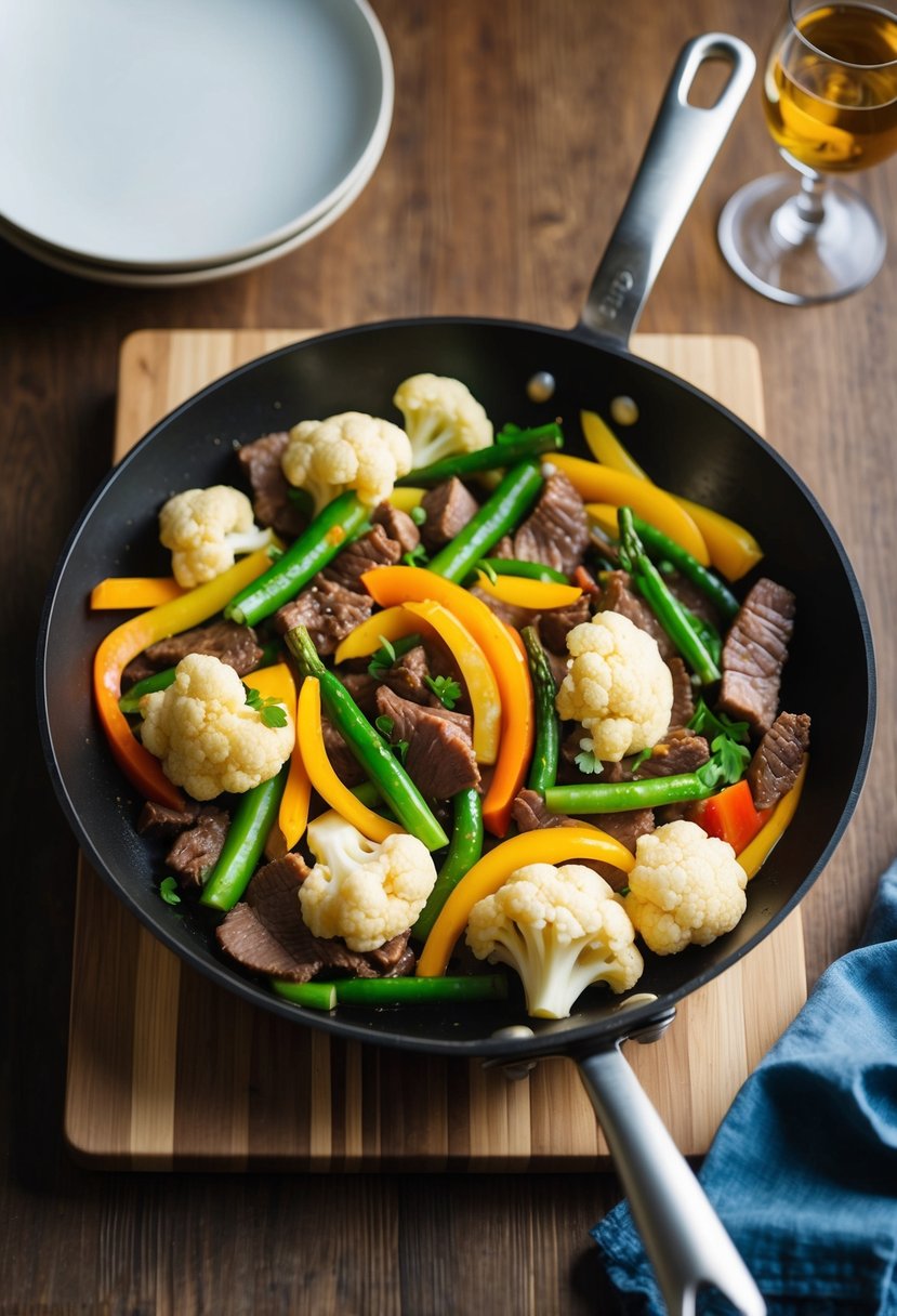 A sizzling skillet with cauliflower, beef, and colorful stir-fry vegetables cooking over high heat