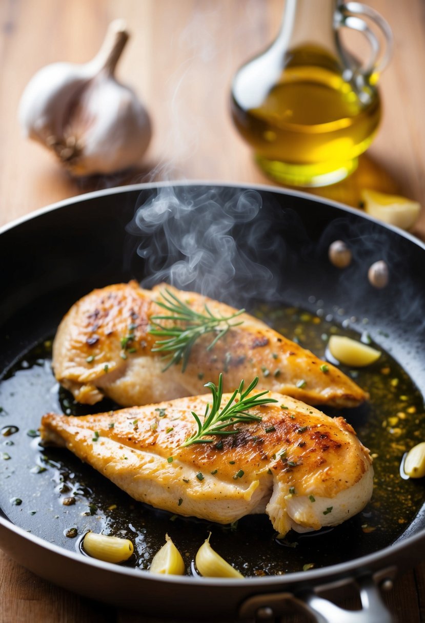 A sizzling chicken breast cooking in a pan with garlic cloves and olive oil, emitting a mouthwatering aroma