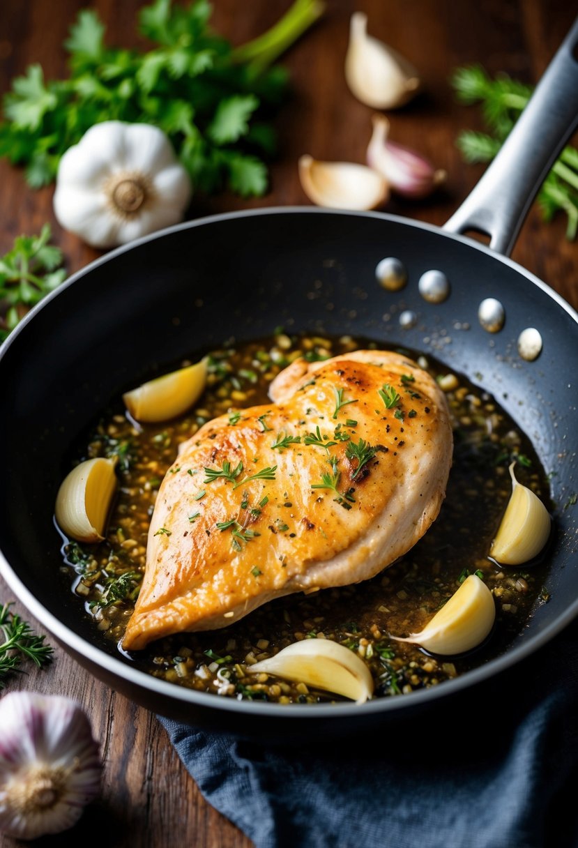 A sizzling chicken breast cooks in a pan, surrounded by cloves of garlic, herbs, and spices