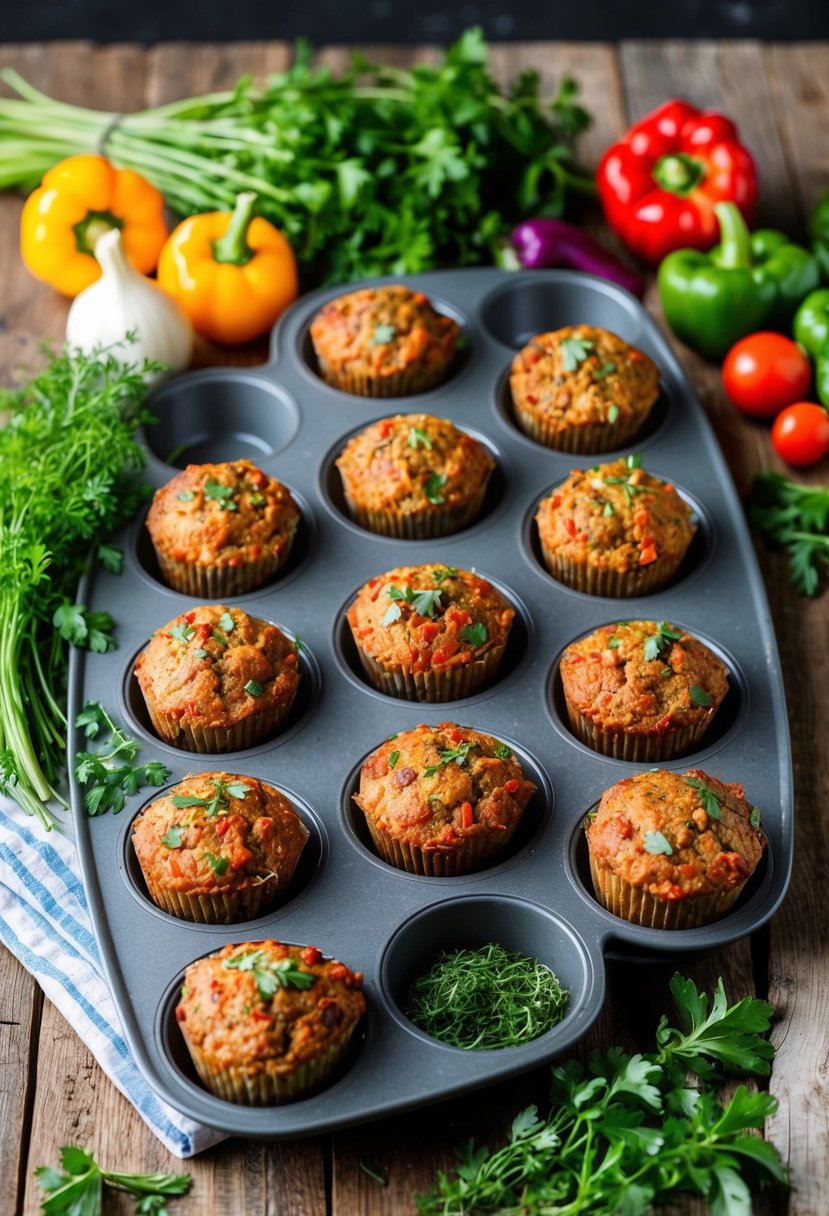 A tray of low-carb meatloaf muffins, surrounded by fresh herbs and colorful vegetables, sits on a rustic wooden table