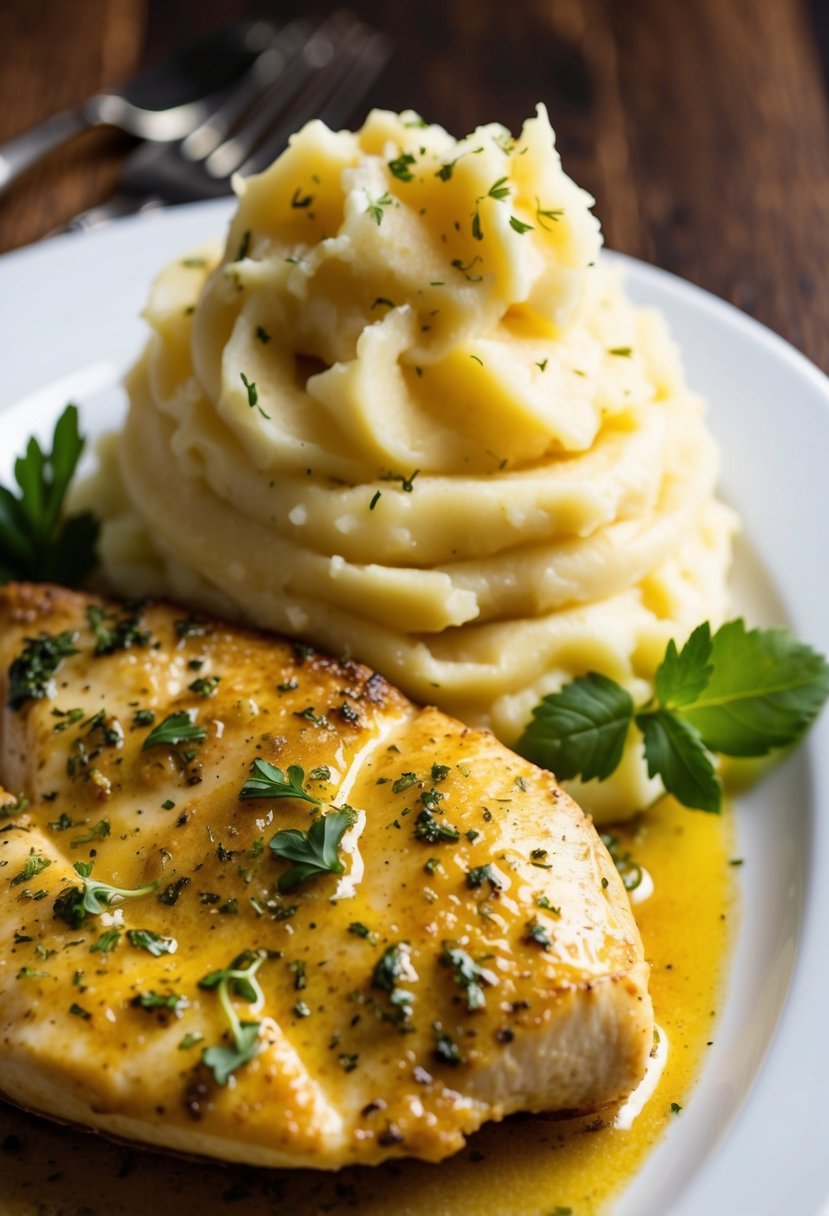 A sizzling garlic chicken breast is served alongside a heaping mound of creamy mashed potatoes, garnished with a sprinkle of fresh herbs