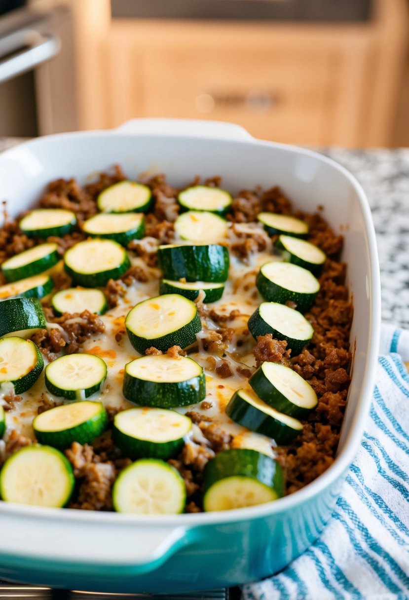 A baking dish filled with layers of sliced zucchini, seasoned ground beef, and melted cheese, sitting on a kitchen counter