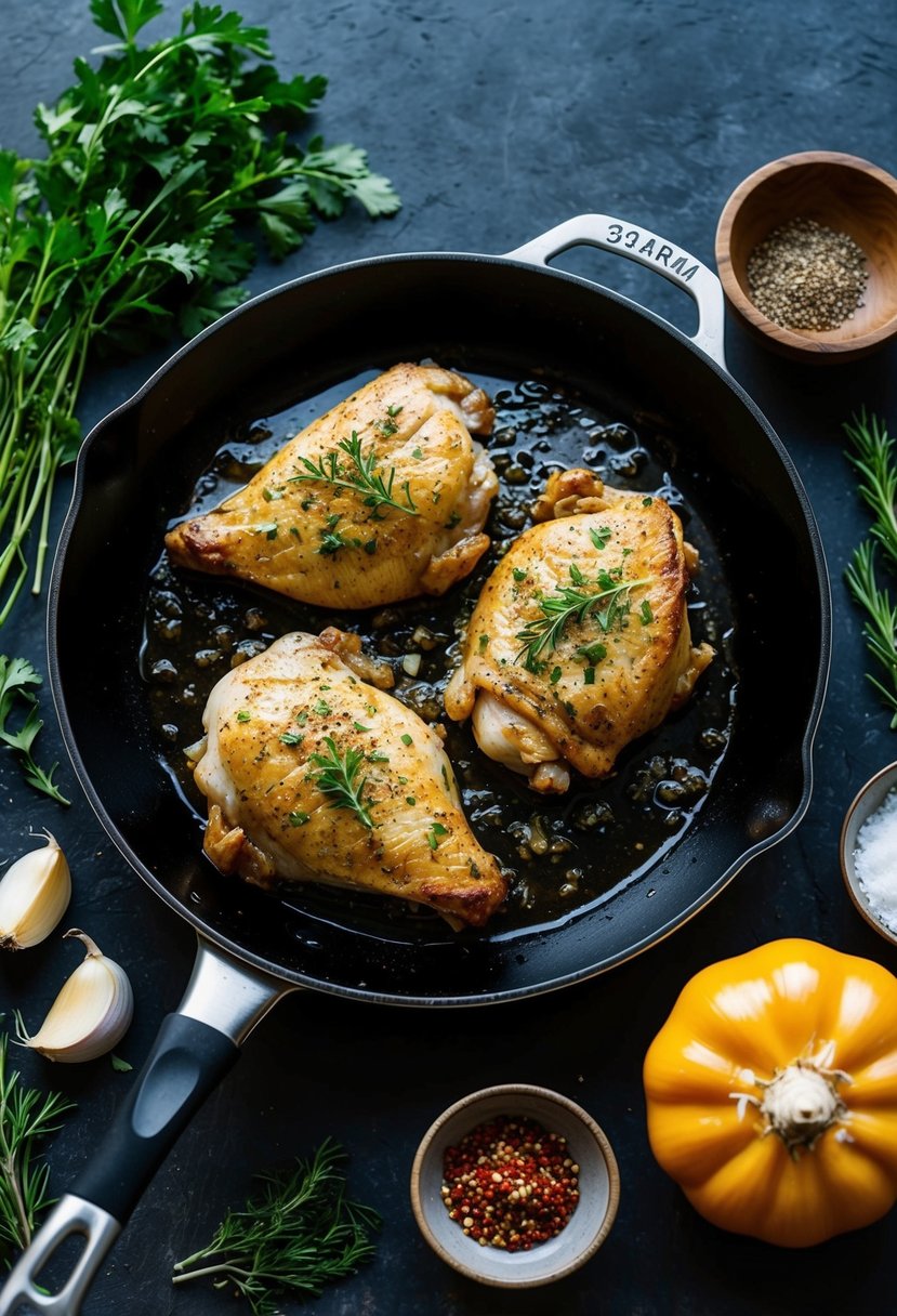 A sizzling skillet with garlic chicken, surrounded by fresh herbs and spices