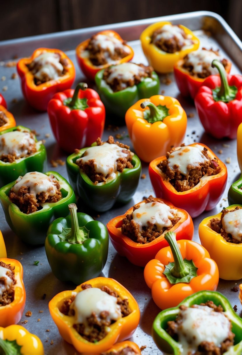 A colorful array of bell peppers stuffed with seasoned ground beef and melted cheese, arranged on a baking sheet