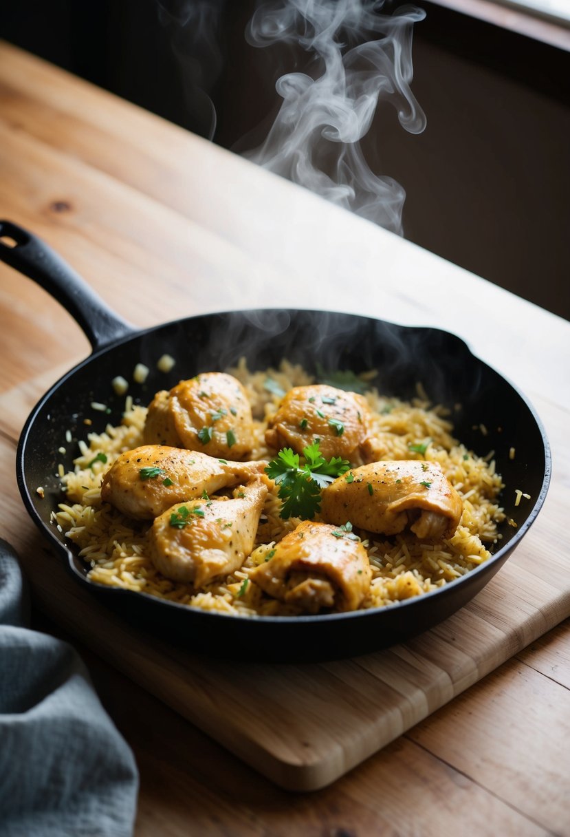 A sizzling skillet of garlic chicken and rice, with steam rising and the aroma of savory herbs filling the air