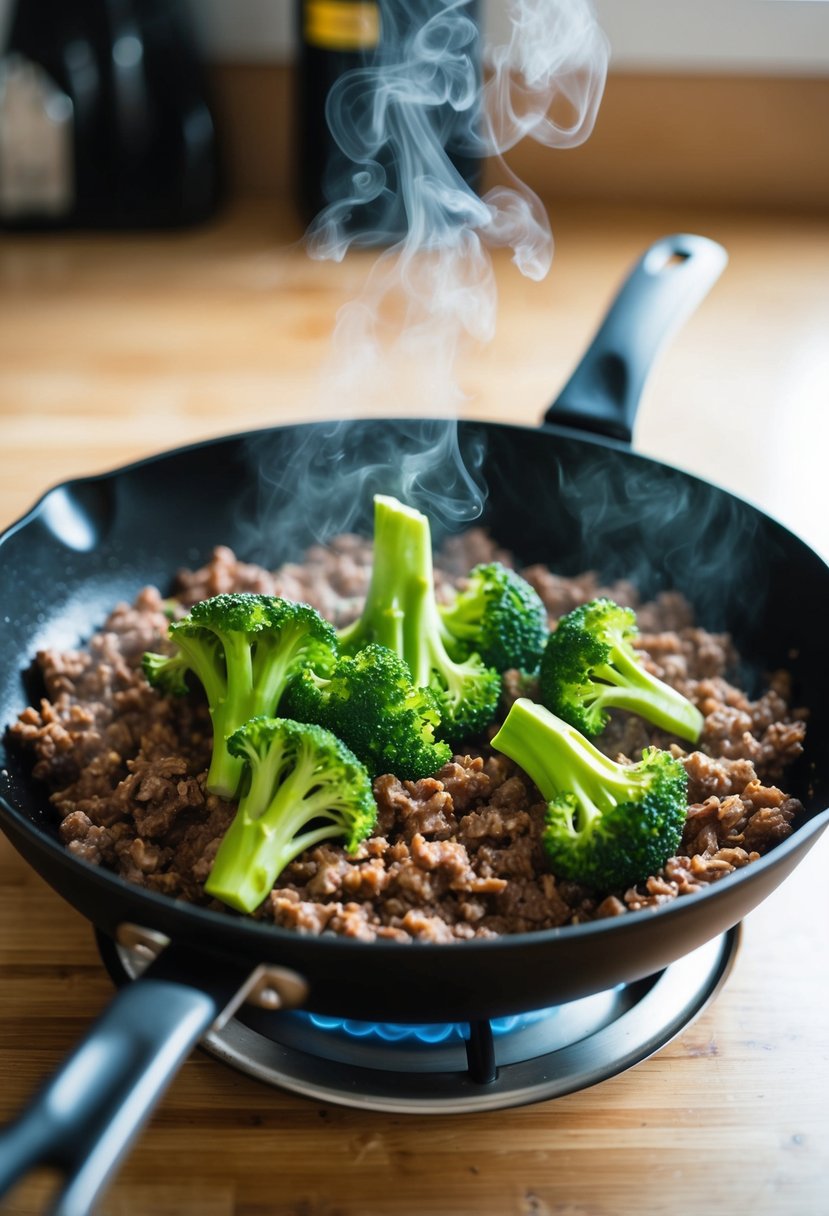 A sizzling skillet with ground beef and vibrant green broccoli, steam rising, set on a kitchen counter