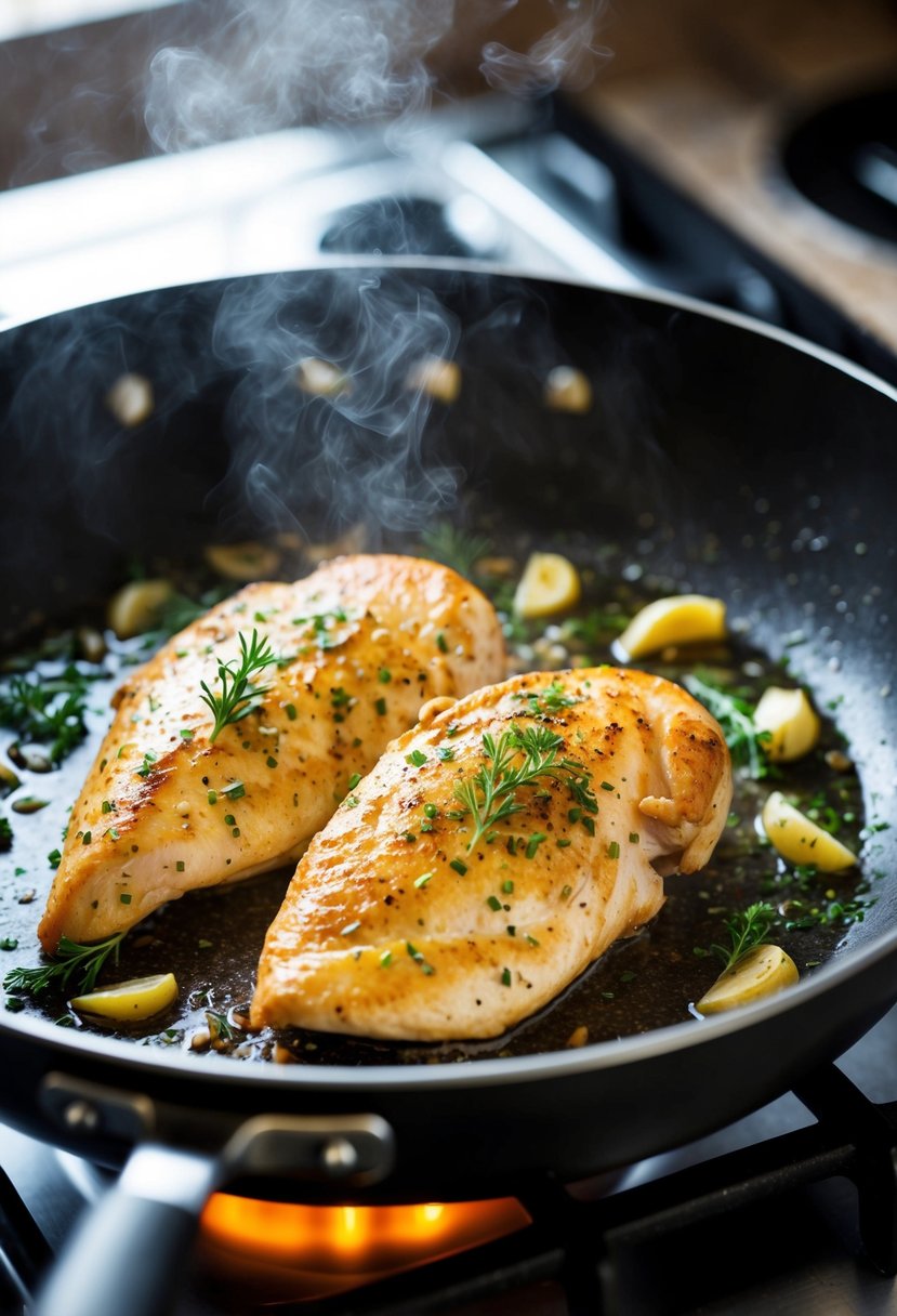 A sizzling chicken breast cooks in a hot pan with garlic and herbs, emitting a delicious aroma