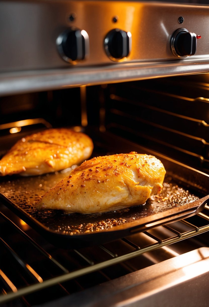 A golden-brown garlic chicken breast sizzling in a hot oven