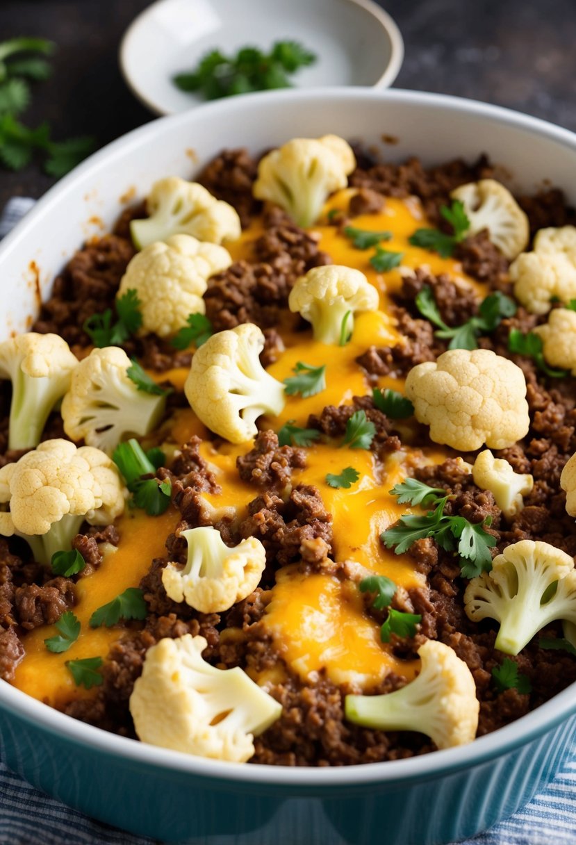 A baking dish filled with layers of seasoned ground beef, cauliflower florets, and melted cheese, fresh out of the oven