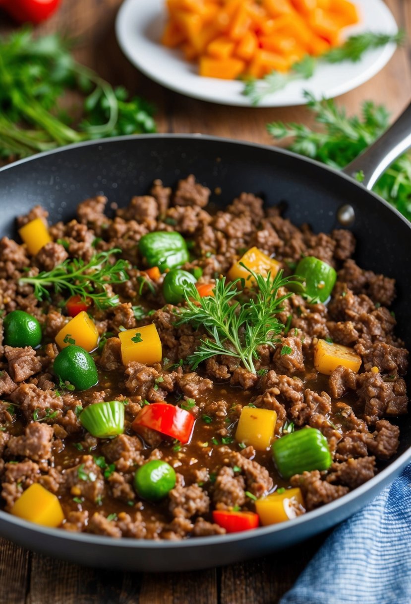 A sizzling skillet of ground beef with colorful vegetables and aromatic herbs