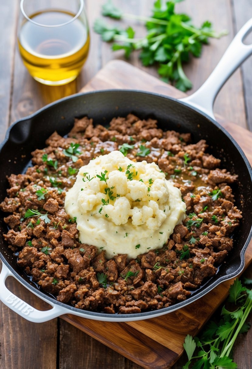 A sizzling skillet of seasoned ground beef, topped with creamy cauliflower mash and sprinkled with fresh herbs, sits on a rustic wooden table