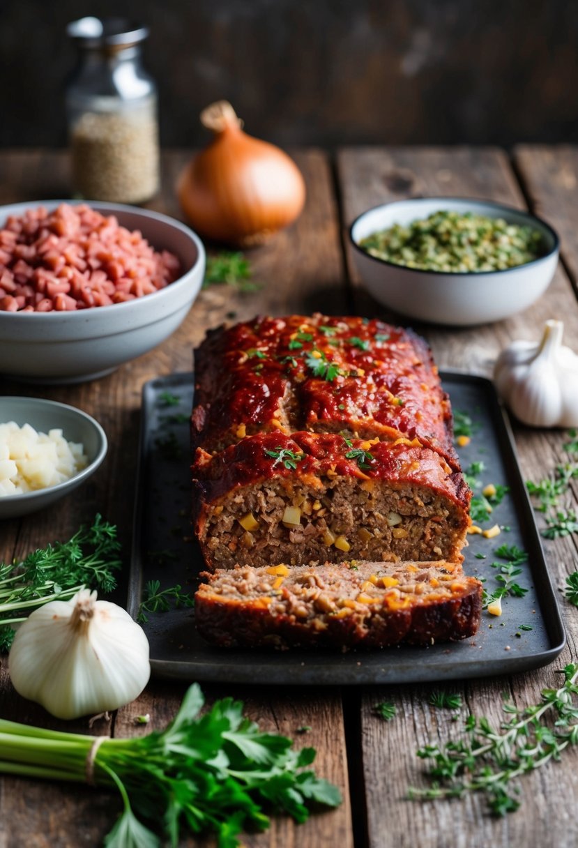 A rustic kitchen table with a freshly baked meatloaf, surrounded by ingredients like ground beef, onions, garlic, and herbs