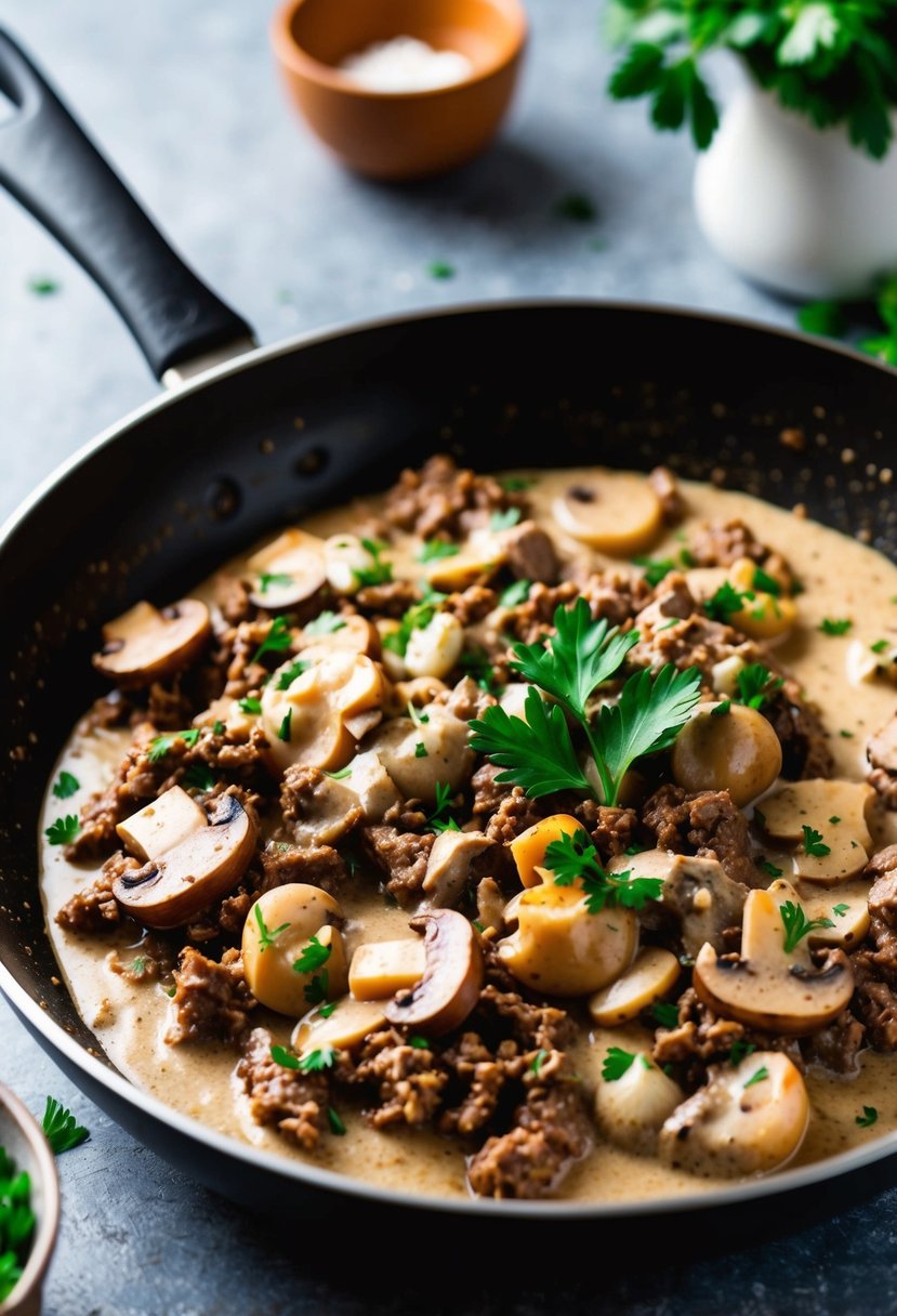 A skillet sizzling with low-carb beef stroganoff, featuring ground beef, mushrooms, and a creamy sauce, garnished with fresh parsley