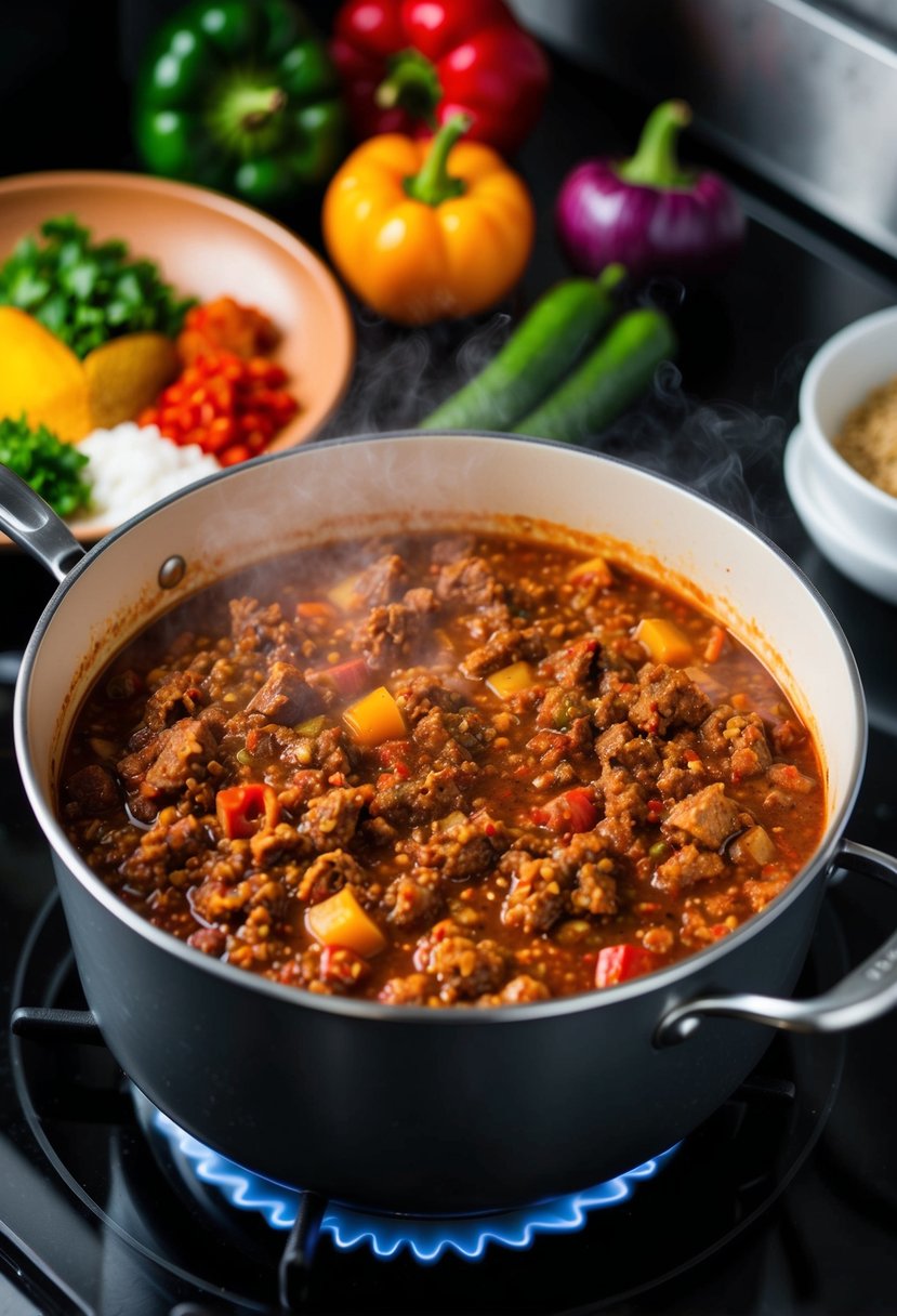 A steaming pot of hearty chili with ground beef simmers on a stovetop, surrounded by colorful vegetables and spices