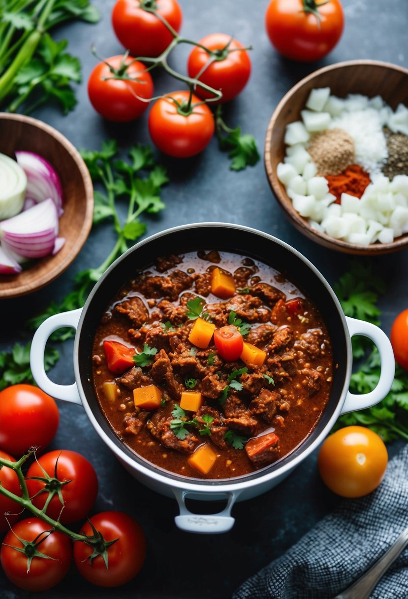 A simmering pot of keto beef chili surrounded by fresh ingredients like tomatoes, onions, and spices