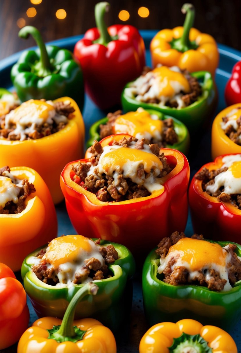 A colorful array of bell peppers filled with seasoned ground beef and topped with melted cheese