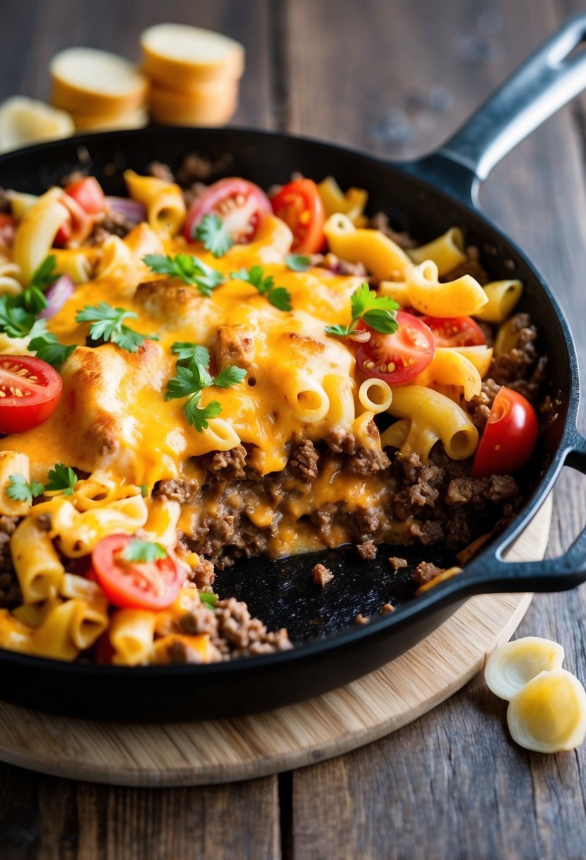 A sizzling skillet filled with ground beef, melted cheese, and layers of pasta, tomatoes, and onions, ready to be served as a cheesy cheeseburger casserole