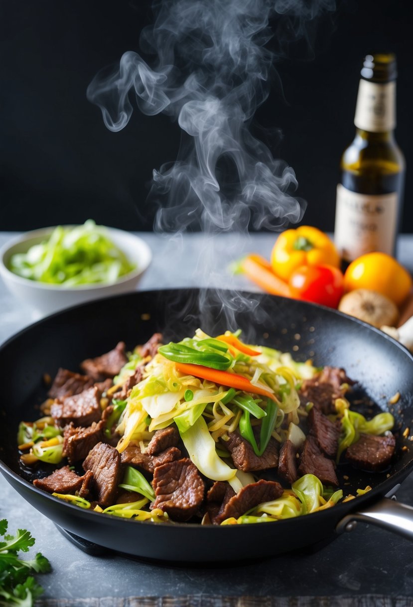 A sizzling skillet with stir-fried beef, cabbage, and colorful vegetables, emitting a mouth-watering aroma