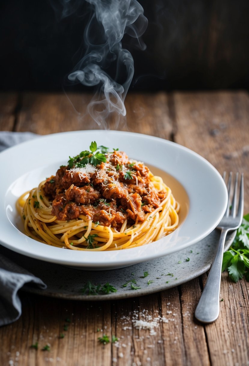 A steaming plate of spaghetti with rich, meaty sauce, garnished with grated cheese and fresh herbs, sits on a rustic wooden table