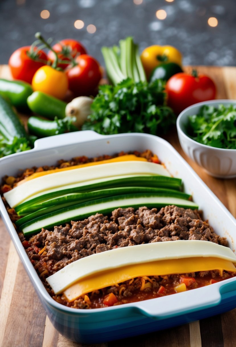 A colorful array of fresh vegetables, lean ground beef, and layers of cheese and tomato sauce assembled in a baking dish, ready to be transformed into a delicious low-carb lasagna