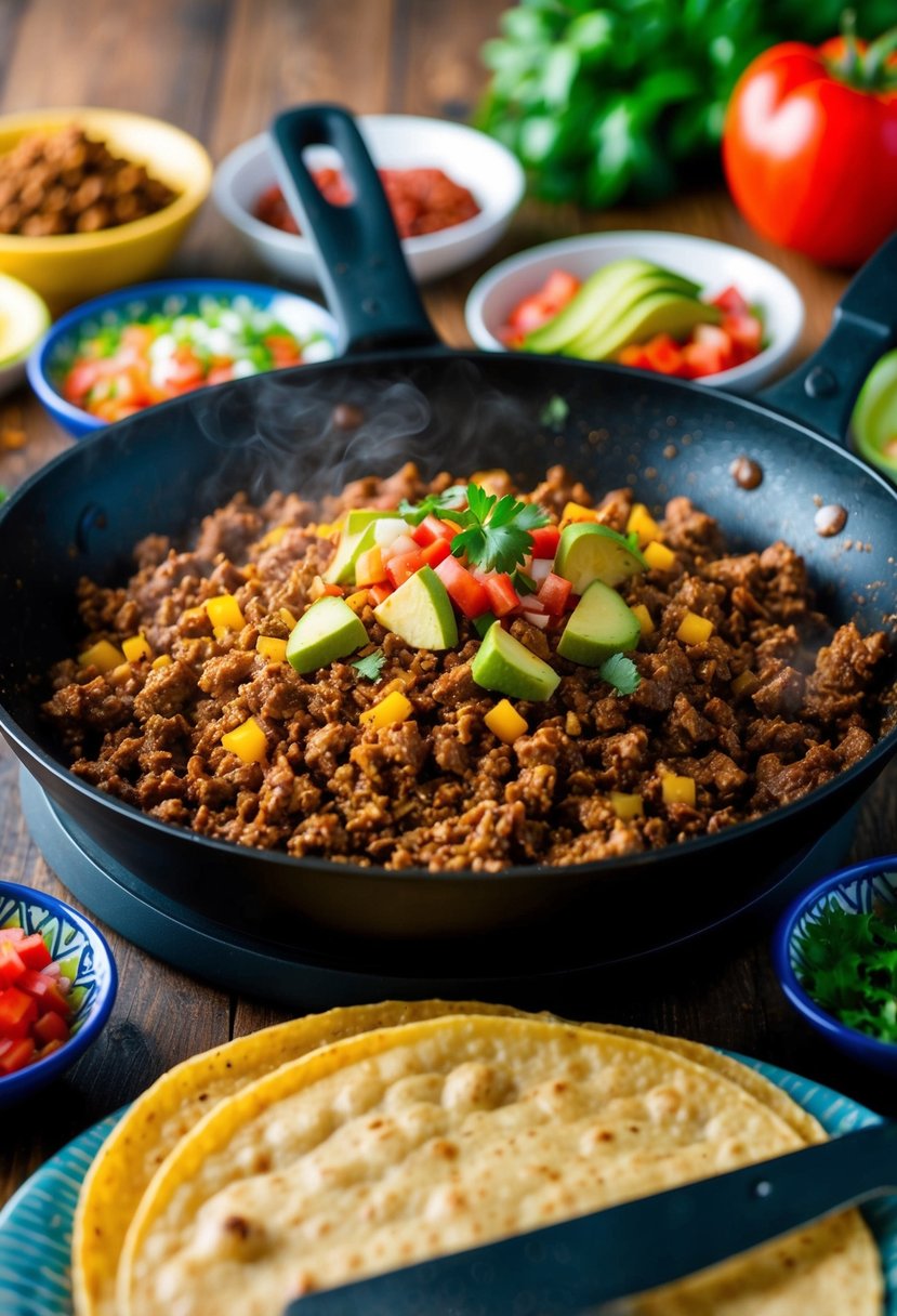 A sizzling skillet of ground beef and taco seasoning, surrounded by colorful toppings and warm tortillas