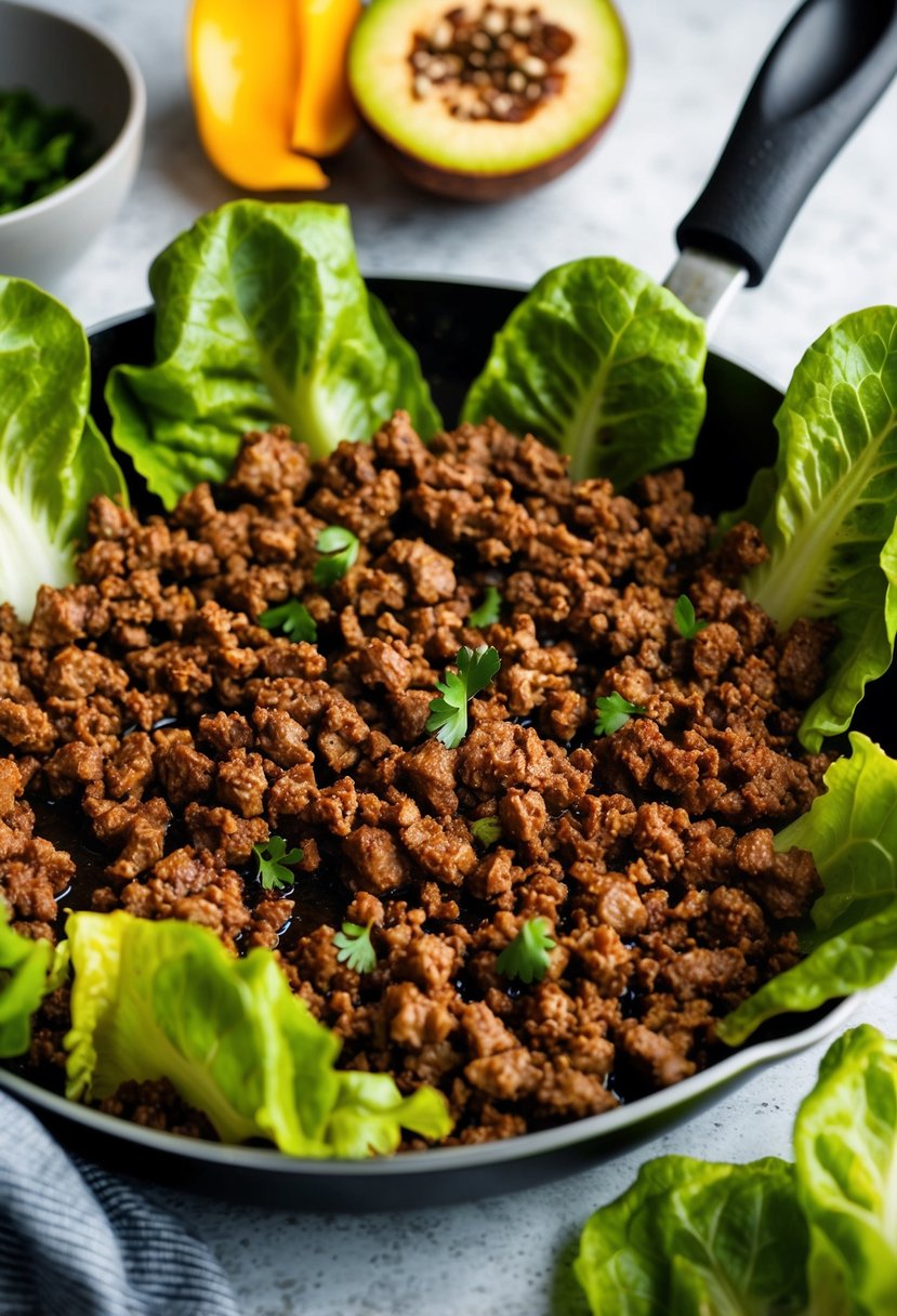 A sizzling skillet of seasoned ground beef surrounded by vibrant green lettuce leaves, ready to be wrapped and enjoyed