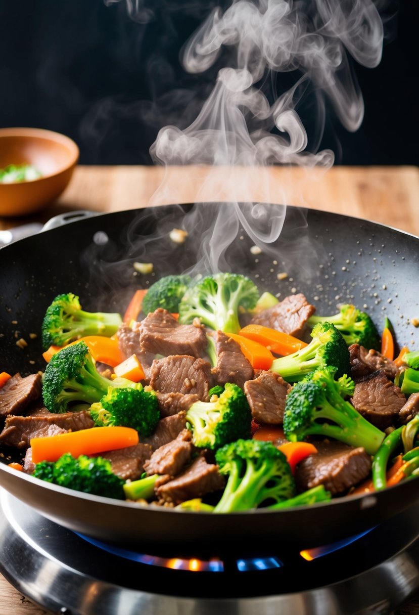 A sizzling wok filled with beef, broccoli, and colorful vegetables, surrounded by aromatic steam rising from the stir fry