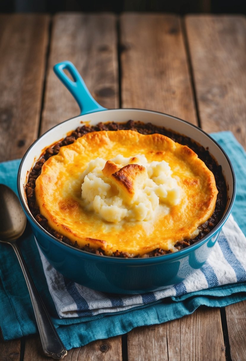 A bubbling casserole dish of shepherd's pie, with creamy mashed potato topping and a golden-brown crust, sits on a rustic wooden table