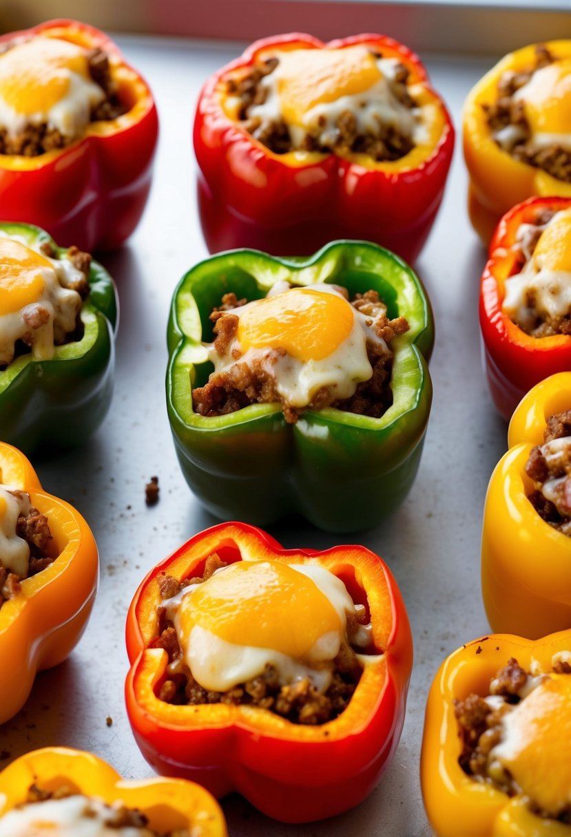 A colorful array of bell peppers, filled with seasoned ground beef and topped with melted cheese, sitting on a baking sheet