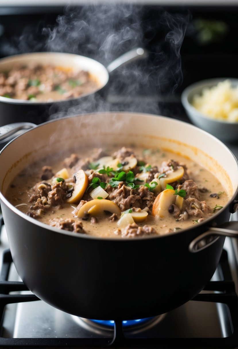 A steaming pot of creamy Beef Stroganoff simmering on a stove, with ground beef, mushrooms, and onions sizzling in a rich, savory sauce