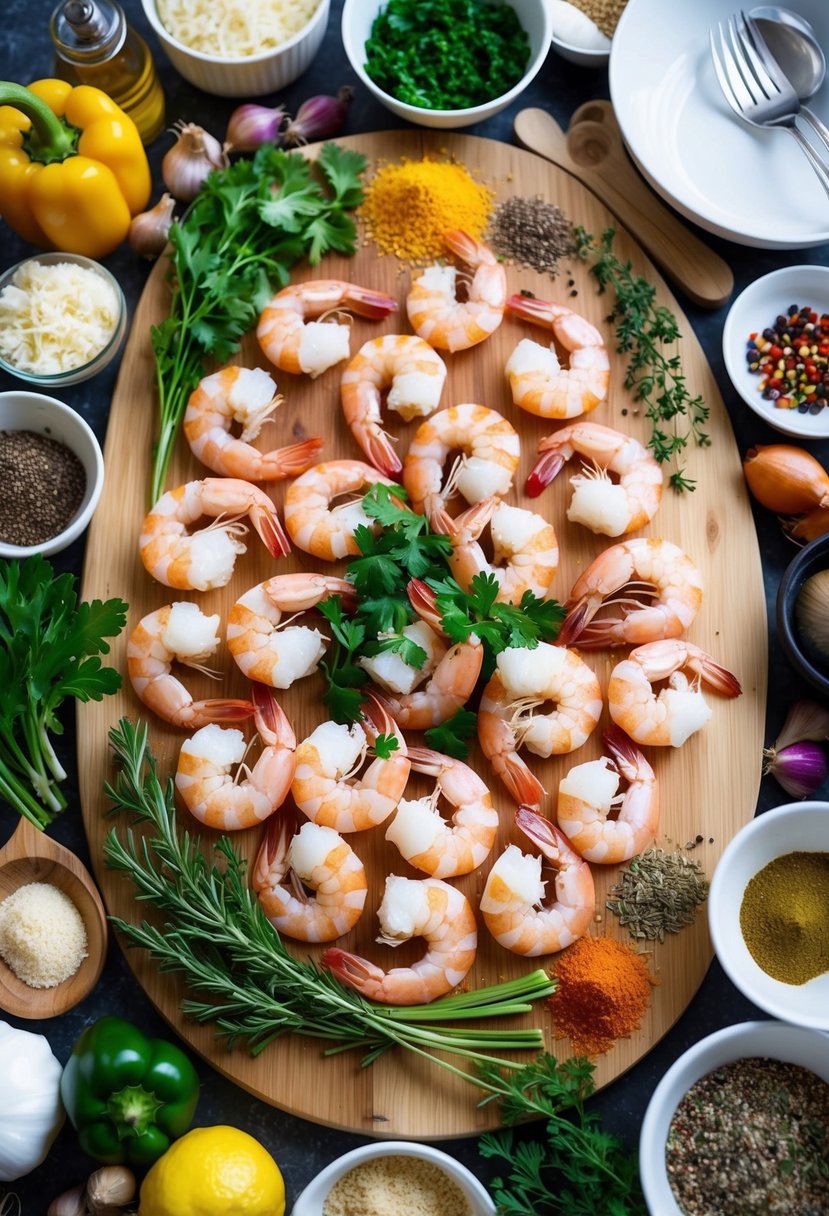 A colorful array of fresh shrimp, herbs, and spices spread out on a wooden cutting board, surrounded by various cooking utensils and ingredients