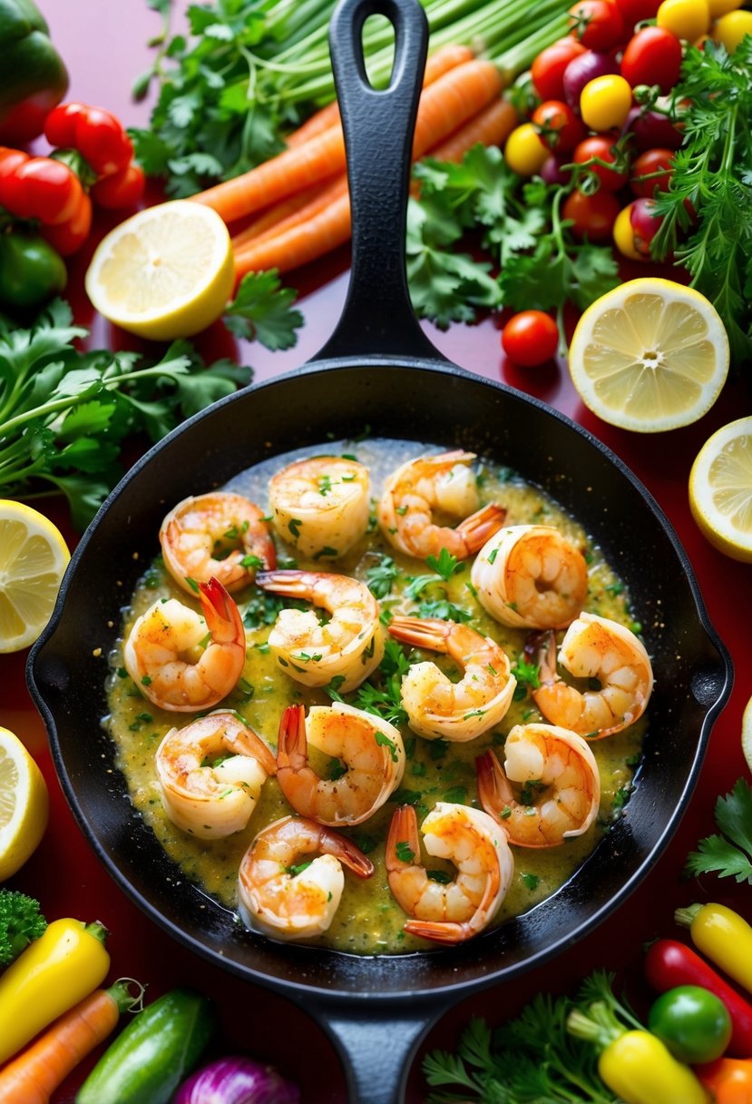 A sizzling skillet of garlic butter shrimp scampi, garnished with fresh herbs and lemon wedges, surrounded by a colorful array of vibrant vegetables