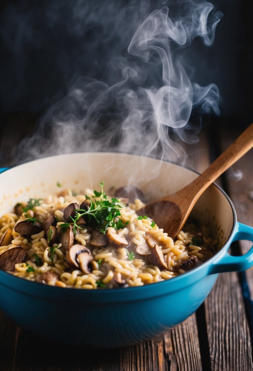 A steaming pot of mushroom and beef risotto, with a wooden spoon resting on the edge