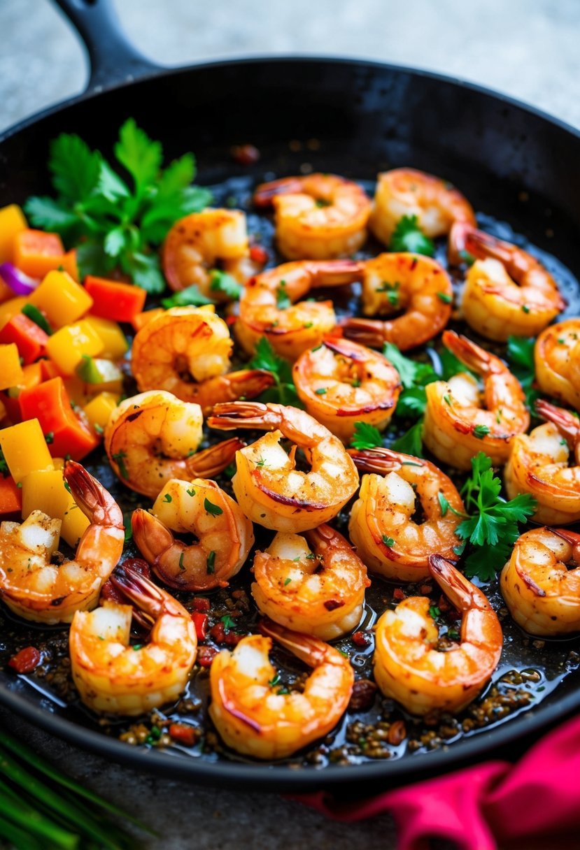 A sizzling skillet of Cajun blackened shrimp with a medley of colorful spices and herbs, accompanied by a side of vibrant vegetables