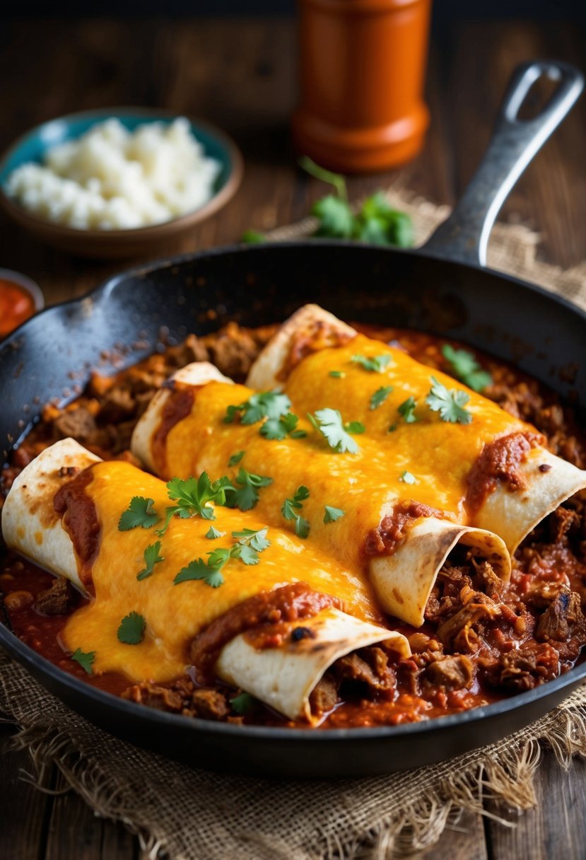 A sizzling skillet with beef enchiladas, bubbling cheese, and spicy red sauce