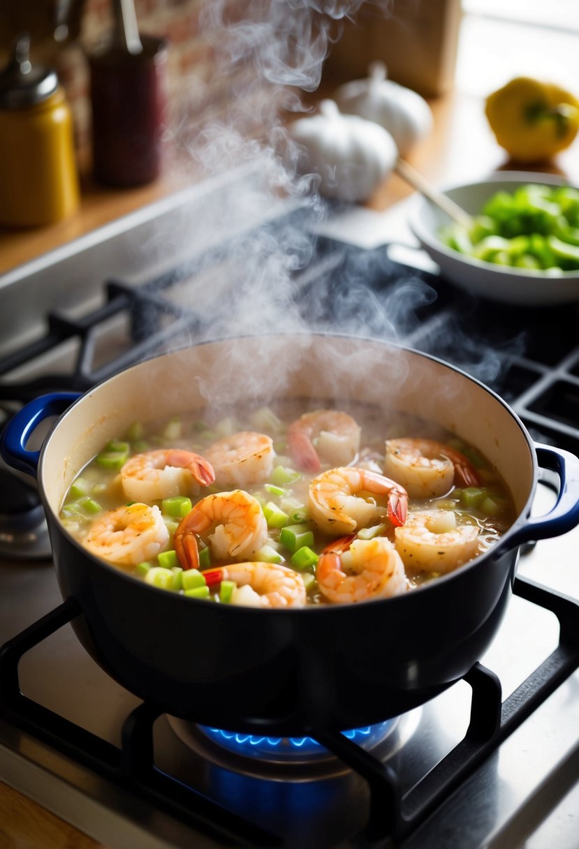 A steaming pot of shrimp étouffée bubbling on a stove. Onions, peppers, and celery sizzling in butter. A rich, savory aroma fills the kitchen