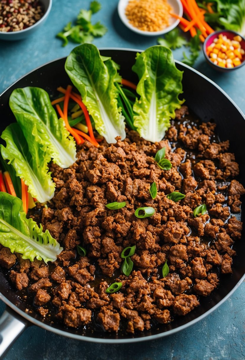 A sizzling skillet of seasoned ground beef, surrounded by vibrant lettuce leaves and an array of colorful Asian-inspired ingredients