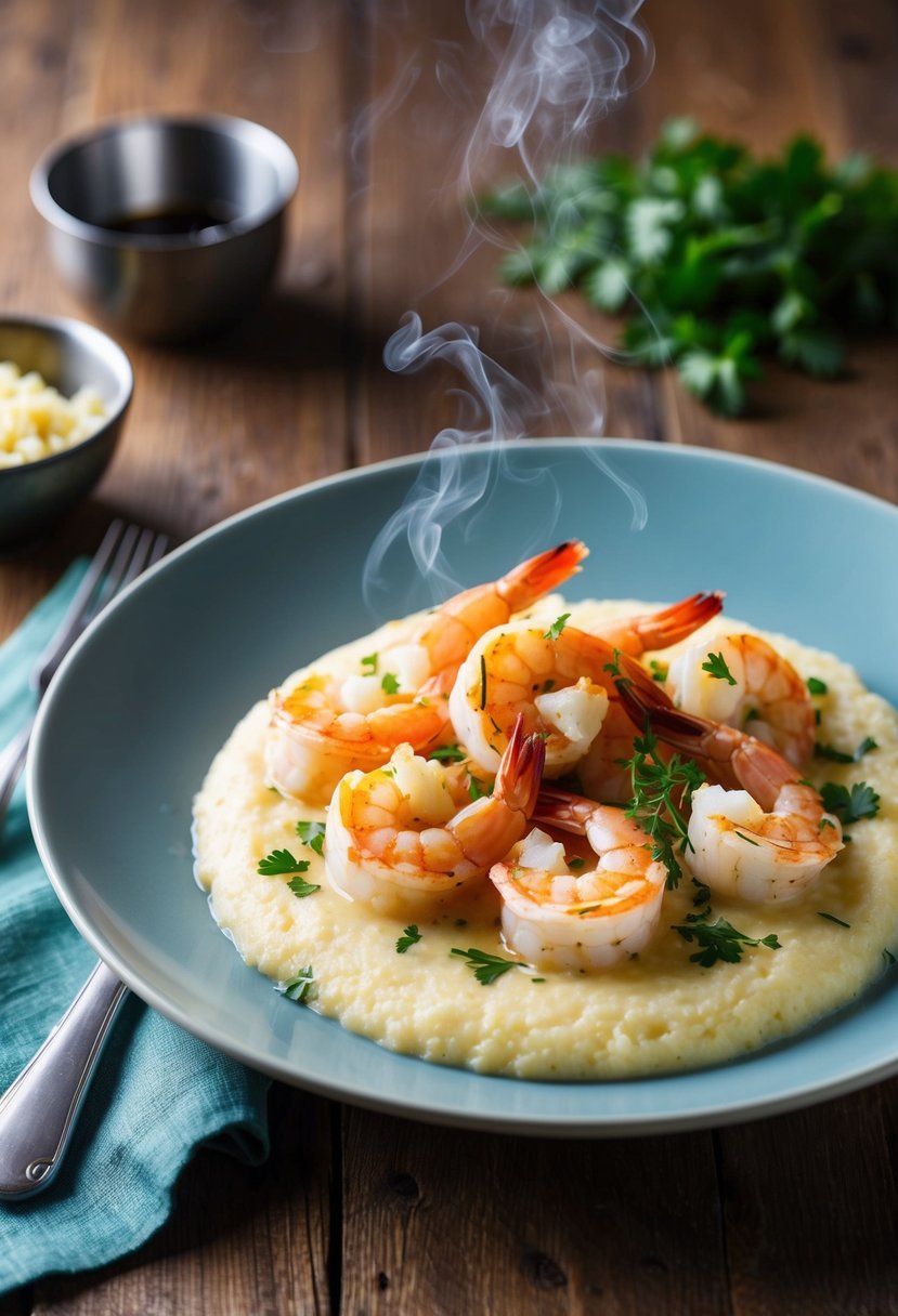 A steaming plate of shrimp and grits, garnished with fresh herbs and served on a rustic wooden table