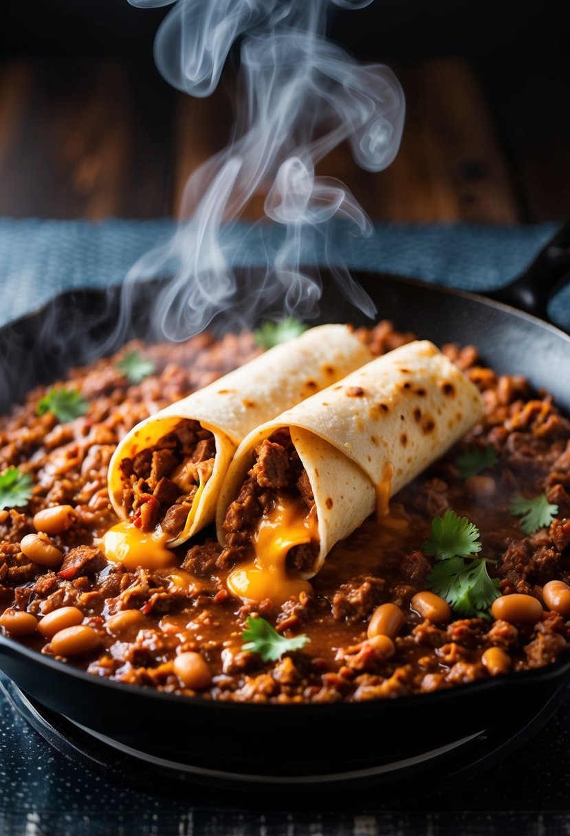 A sizzling skillet of beef and bean burritos, with steam rising and melted cheese oozing out