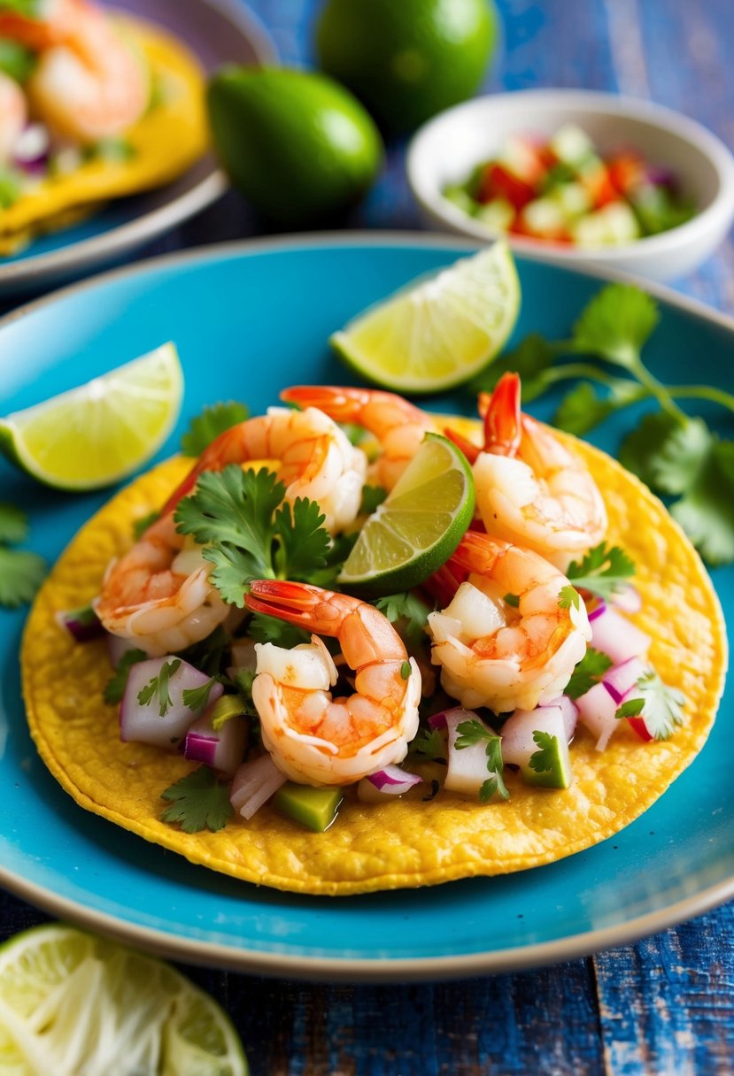 A colorful plate of shrimp ceviche tostadas with vibrant ingredients and a garnish of lime and cilantro