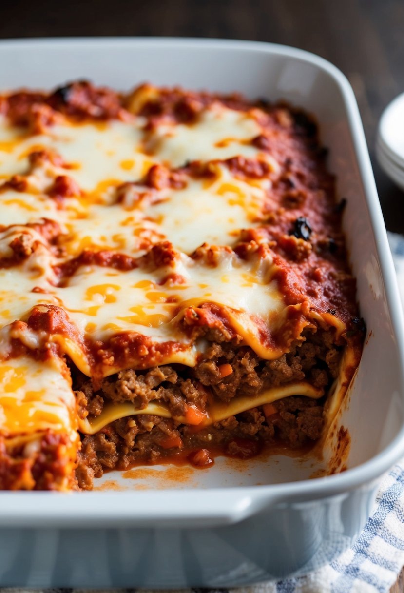 A bubbling lasagna dish with layers of ground beef, cheese, and tomato sauce, fresh out of the oven