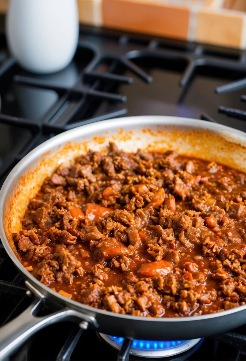 A sizzling skillet of BBQ beef and saucy sloppy joe mixture bubbling over a hot stove