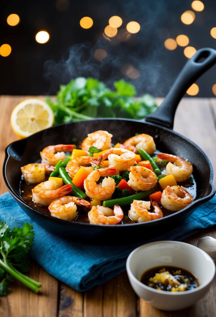 A sizzling skillet with honey garlic shrimp, colorful vegetables, and a savory sauce