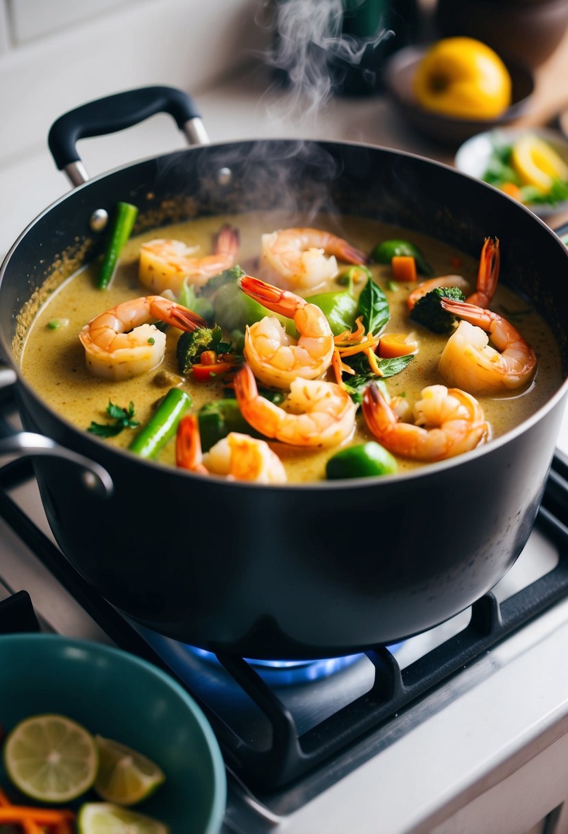 A steaming pot of Thai coconut shrimp curry, filled with plump shrimp, vibrant vegetables, and aromatic spices, simmering on a stove