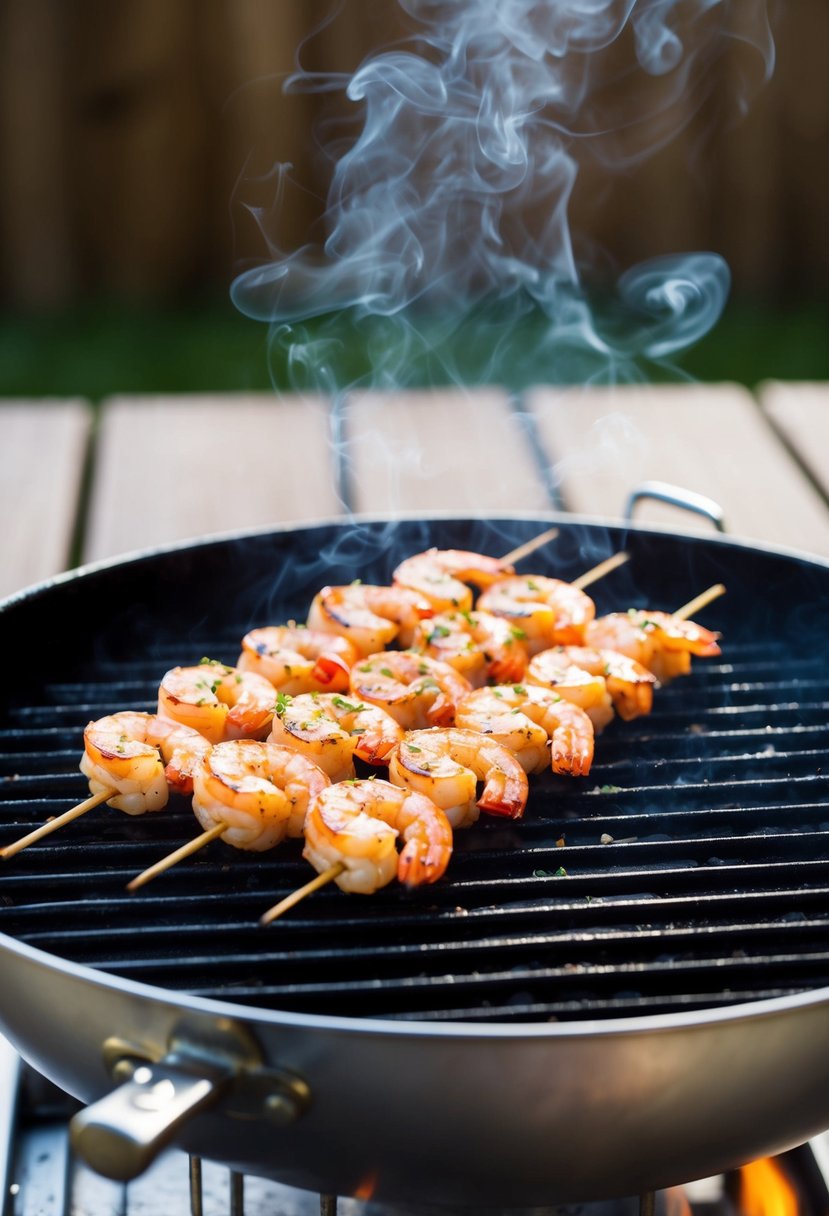 Grilled shrimp skewers on a sizzling hot grill, with smoke rising and a sprinkle of seasoning