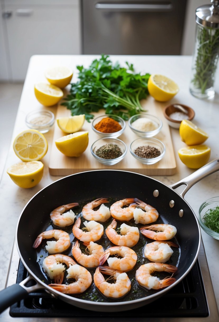 Fresh shrimp, lemon wedges, and a variety of herbs and spices laid out on a clean kitchen counter. A skillet sizzling with shrimp being cooked to perfection